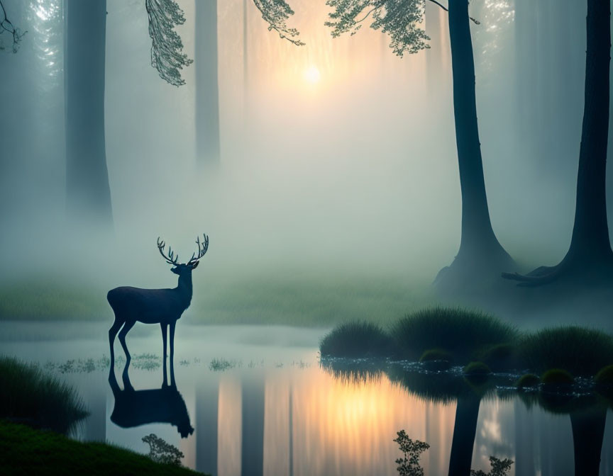 Deer by reflective pond in misty forest with sunbeams