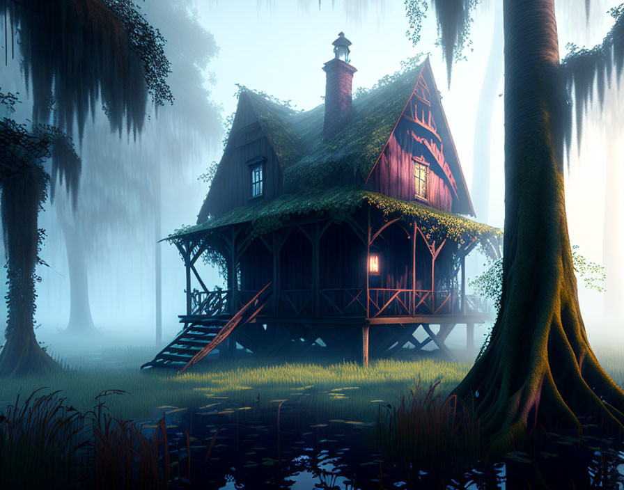 Enchanting house on stilts in mystical swamp with vines and soft lights