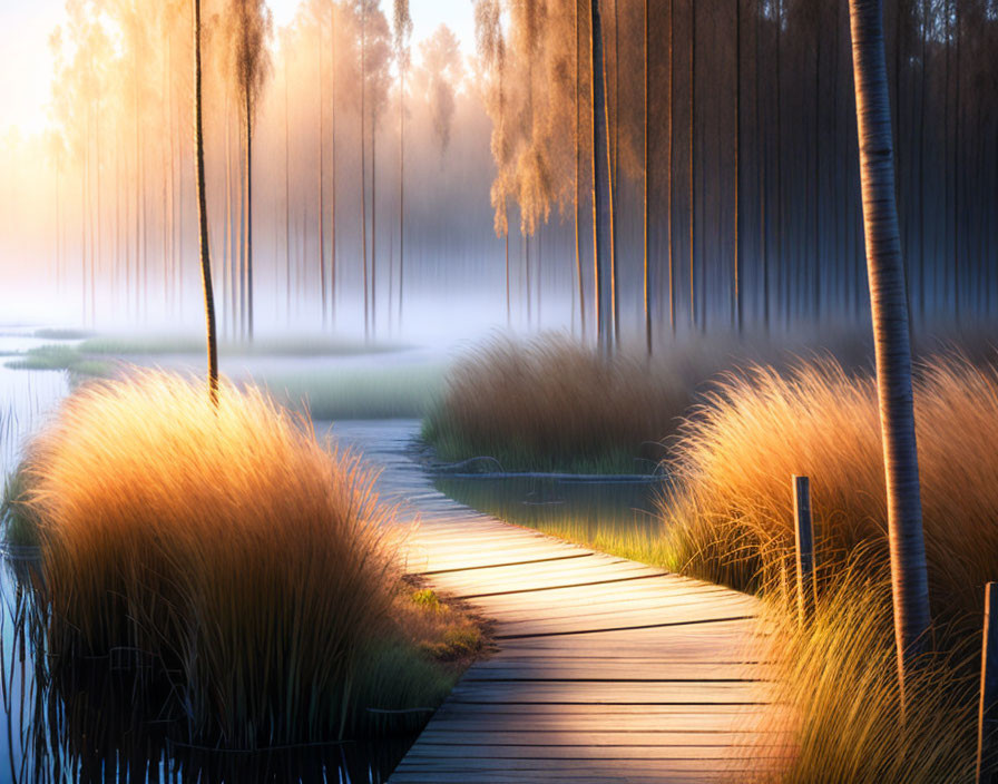 Tranquil boardwalk through tall grasses and misty woods