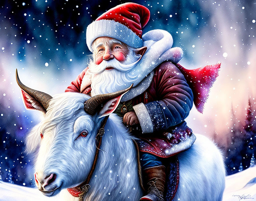 Santa Claus riding white goat in snowy landscape with falling snowflakes