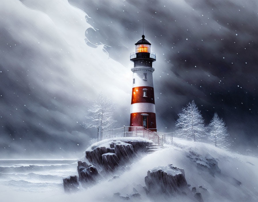 Snowy Night Landscape: Red and White Lighthouse, Trees, Rough Sea Waves, Crescent Moon