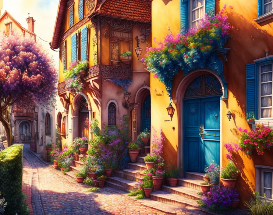 Charming cobblestone street with vibrant houses and flowers