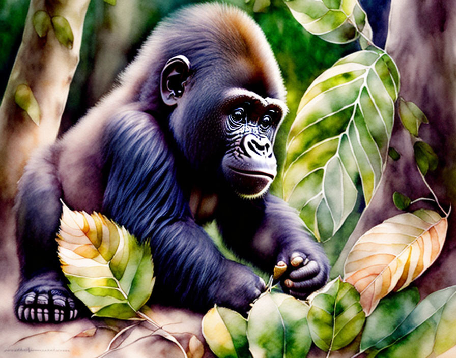 Colorful Young Gorilla Surrounded by Green Leaves