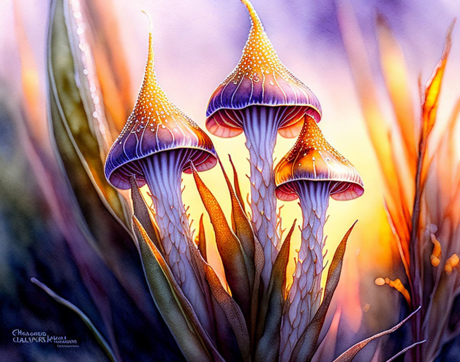 Luminescent jellyfish-like mushrooms in orange hues with grass-like foliage in warm sunset ambiance