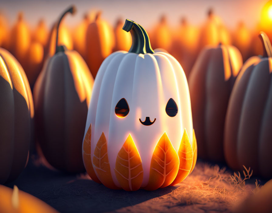 White Pumpkin with Carved Face Among Orange Pumpkins in Field at Dusk