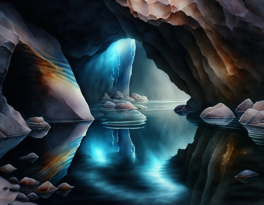 Ethereal cave with tranquil water surface and soft light beam