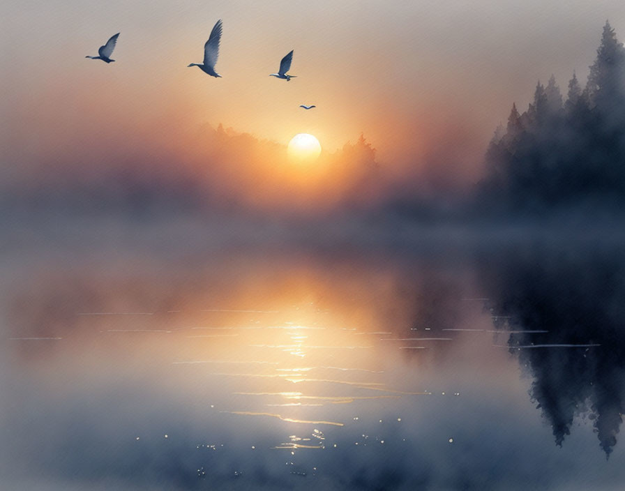 Tranquil sunset over lake with silhouetted trees, mist, and birds