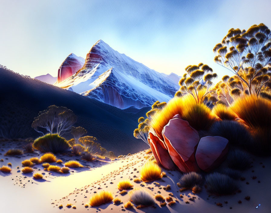 Twilight sky over snow-capped mountain with vibrant foliage