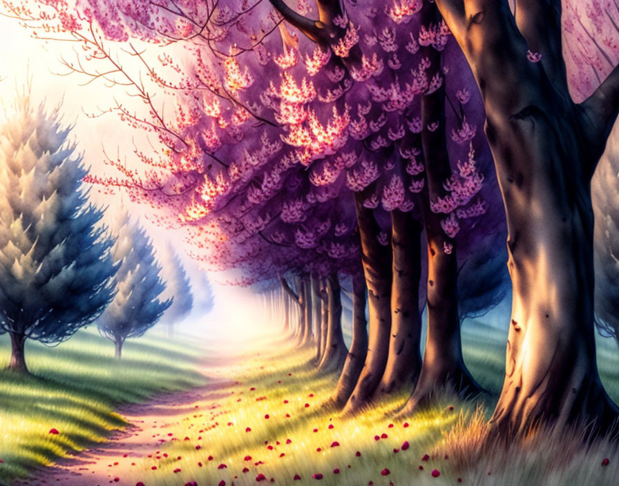 Vibrant animated pathway with blooming pink trees in misty forest