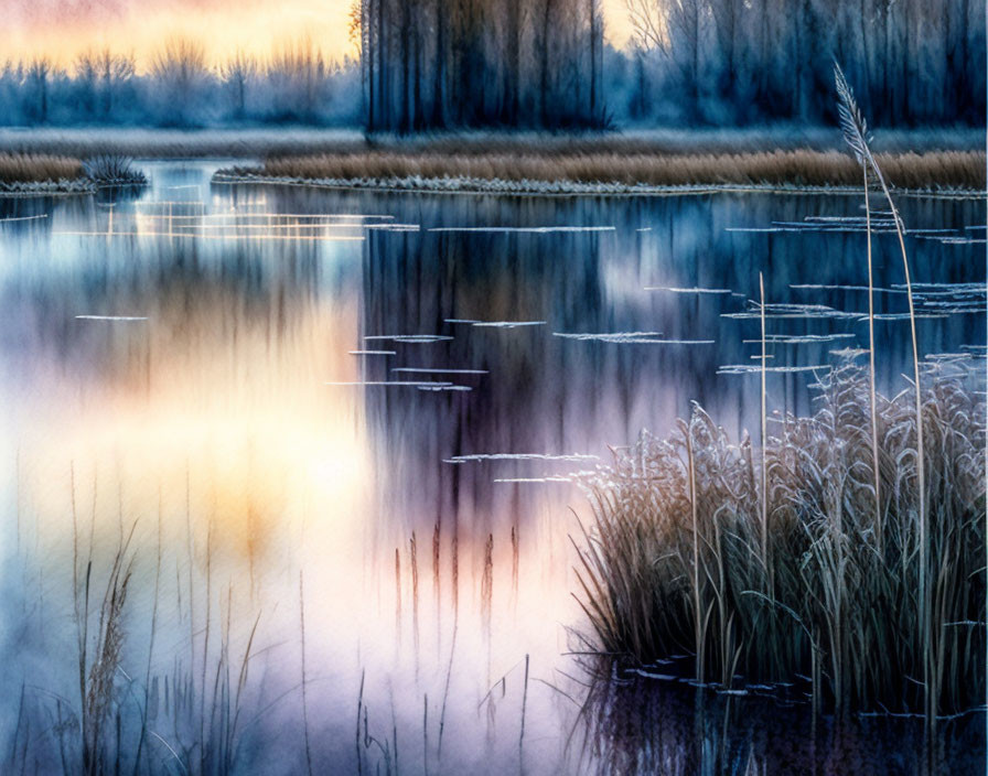 Tranquil water landscape at dusk with reflections and silhouetted reeds