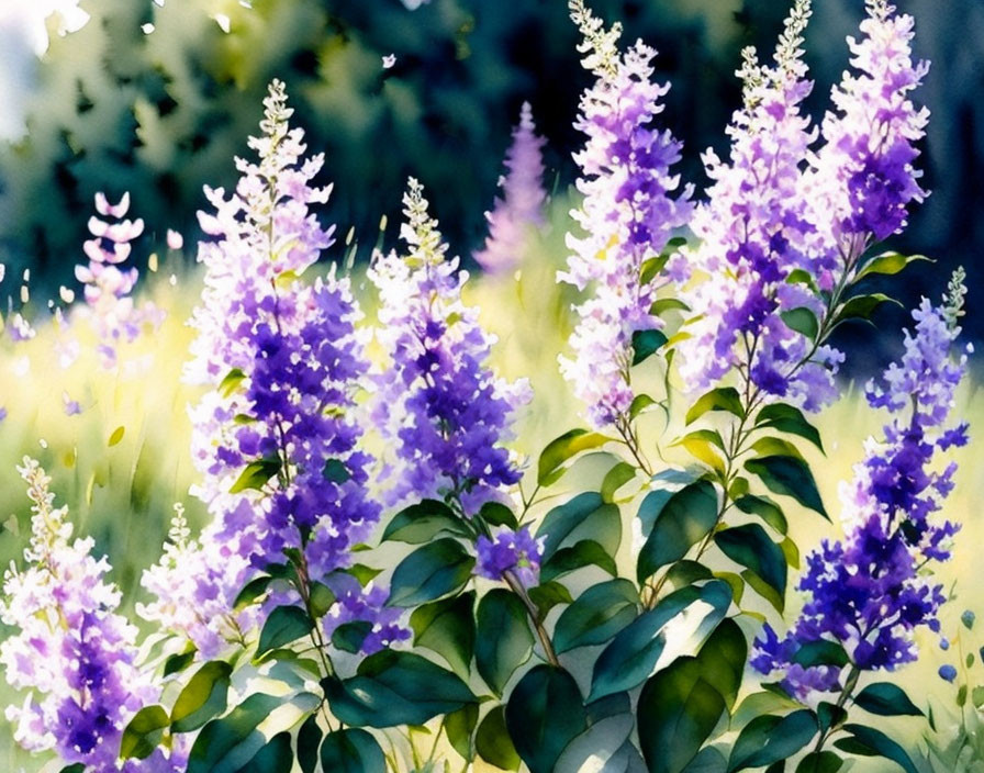 Vibrant lavender flowers in lush green foliage under dappled sunlight