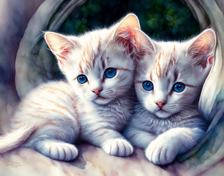 Fluffy white kittens with blue eyes in cozy setting