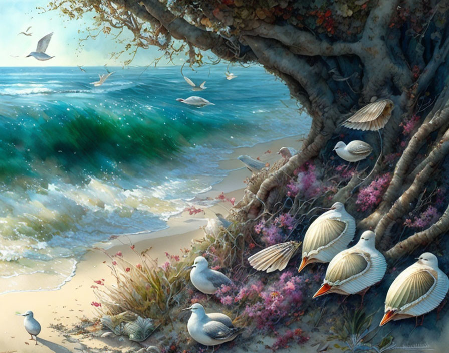 Tranquil beach scene with tree, seashells, birds, waves, and flowers