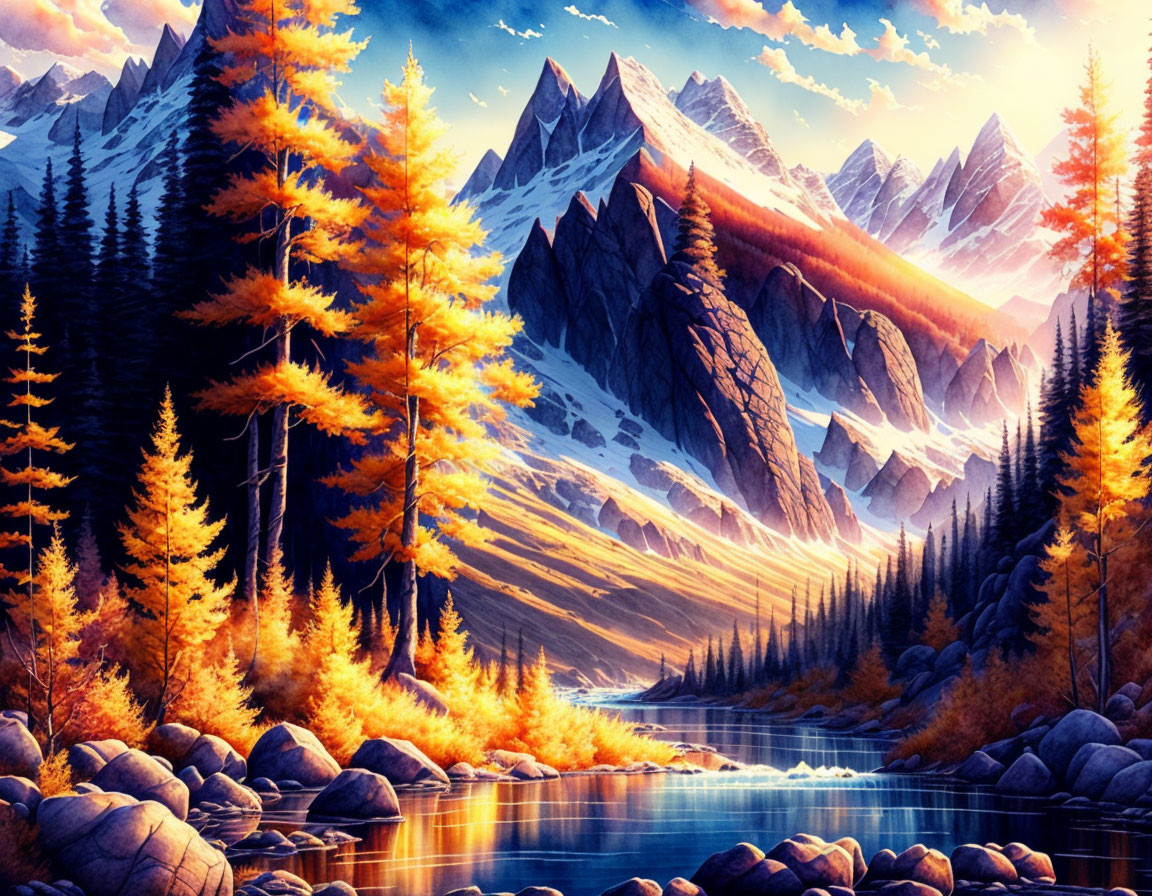 Scenic autumn forest with golden trees, lake, snow-capped mountains