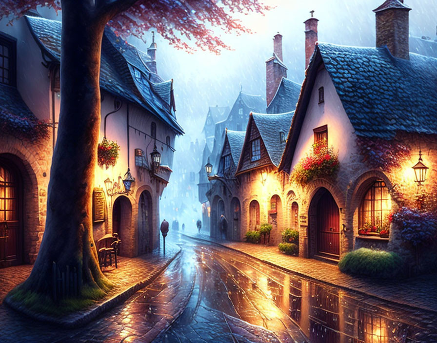 Quaint village cobblestone street with thatched-roof houses at twilight