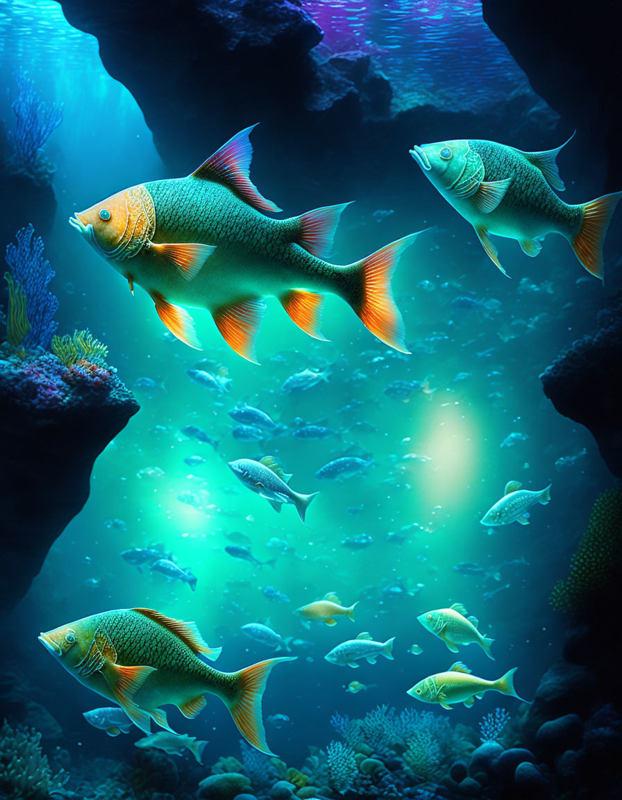 Vibrant fish in coral reef with underwater plants and light filtering through water