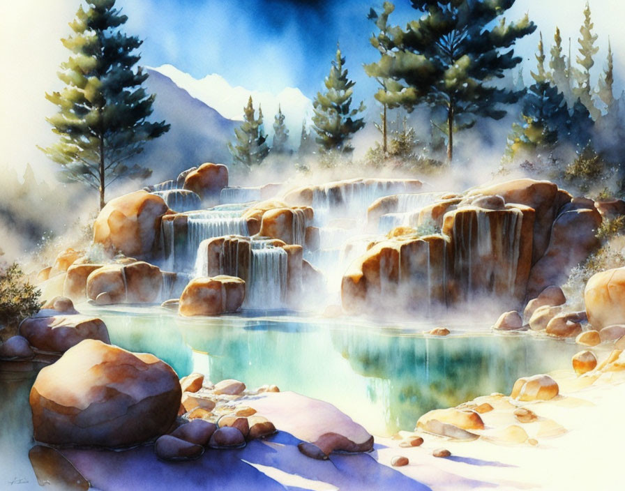 Tranquil watercolor of cascading waterfall and evergreen trees