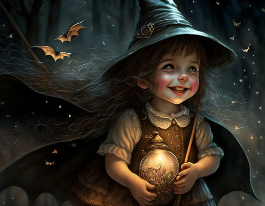 Young Witch with Glowing Lantern Surrounded by Bats