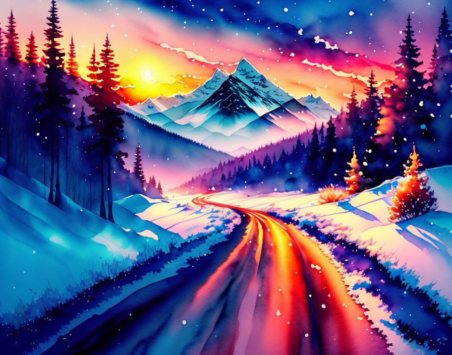 Scenic digital painting of snowy road and sunset sky