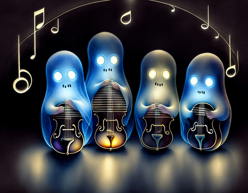 Whimsical blue ghostly violins on dark background with musical notes