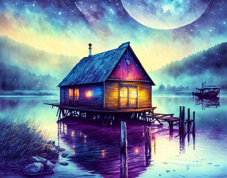 Fantasy illustration: Glowing cabin on stilts near serene lake under starry sky with large moon