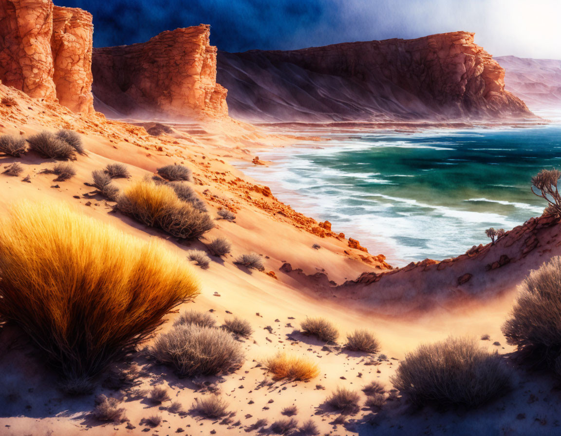 Golden sand dunes, turquoise water, and rugged cliffs in coastal desert scene