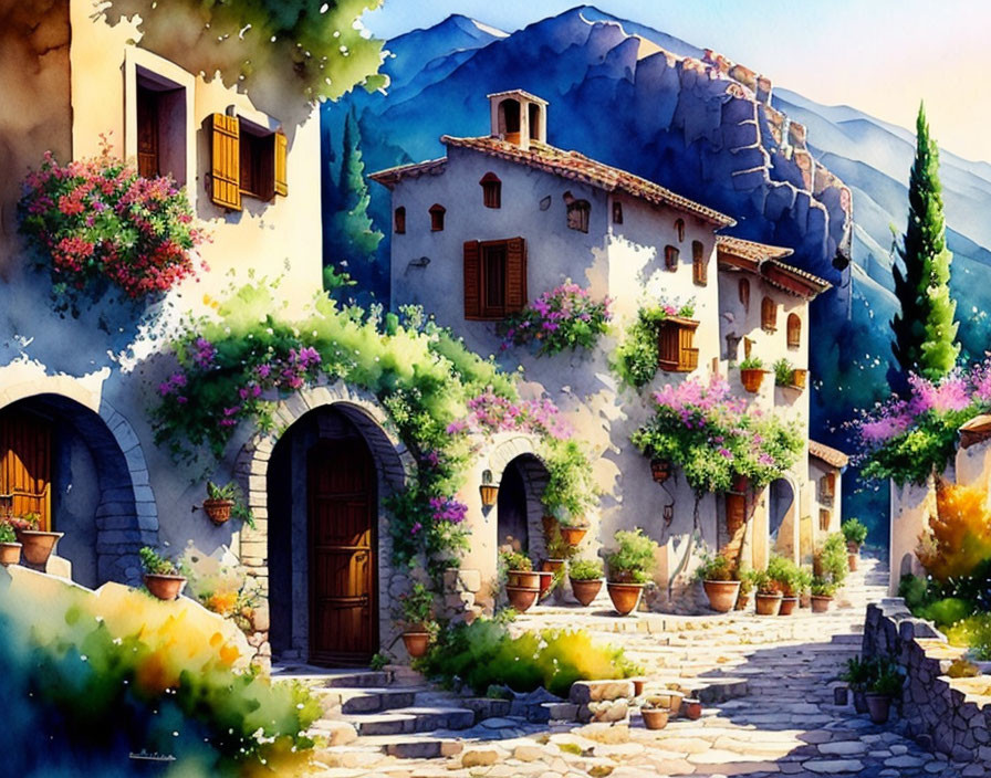 Sunny Mediterranean village street with stone houses and flowers