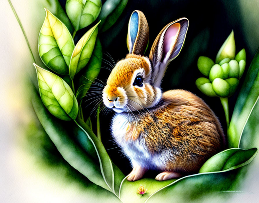 Fluffy brown-and-white rabbit among green leaves and red flower