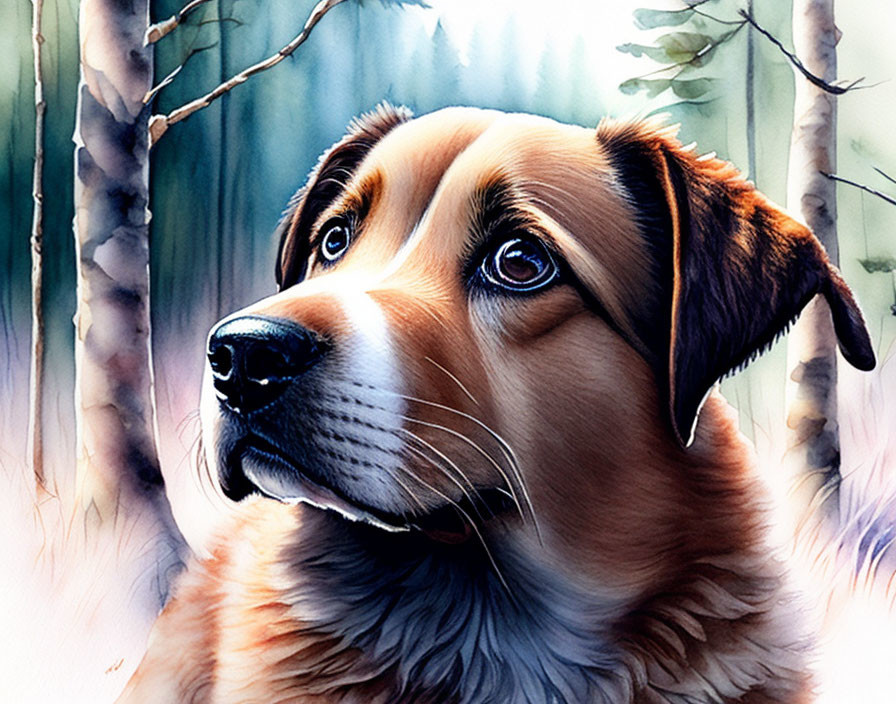 Detailed Brown Dog Illustration with Expressive Eyes in Soft-focus Forest