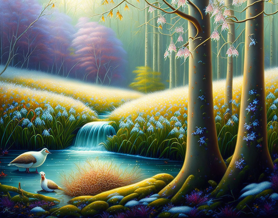 Mystical forest scene with waterfall, ducks, lush flora, and ethereal lighting