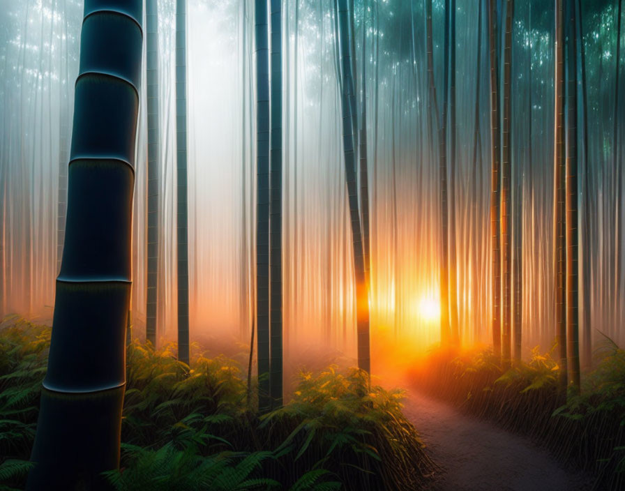 Ethereal bamboo forest with sunlight piercing through mist