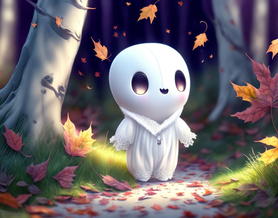 Animated Ghost Character in Autumn Forest Setting