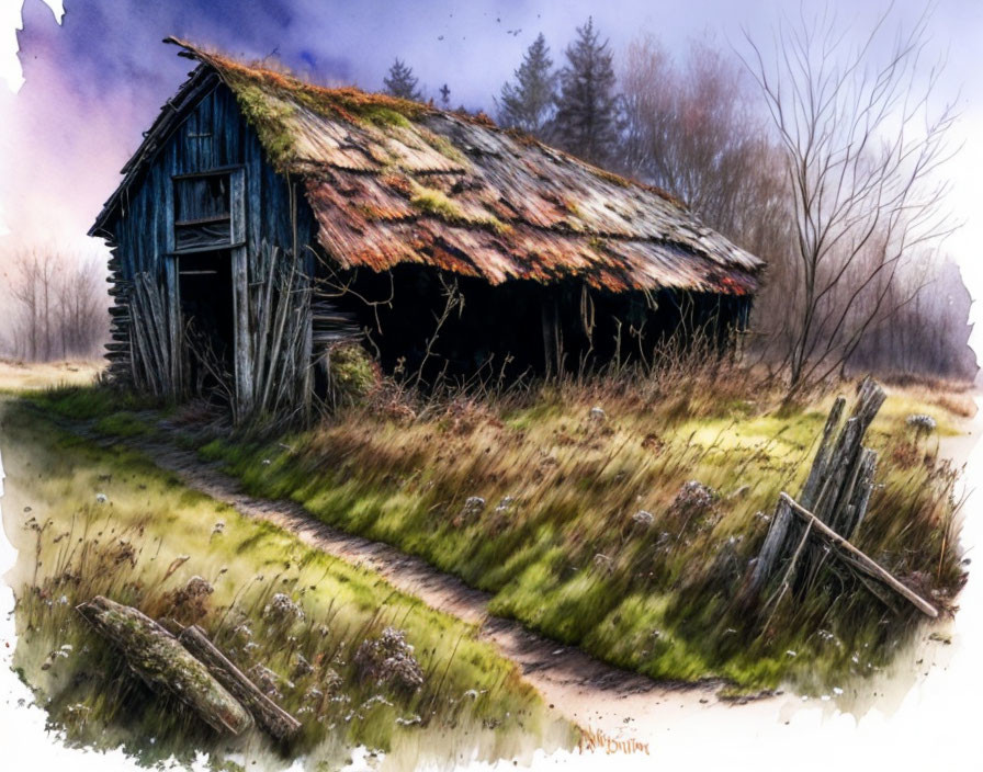 Dilapidated wooden barn in field with moss-covered roof