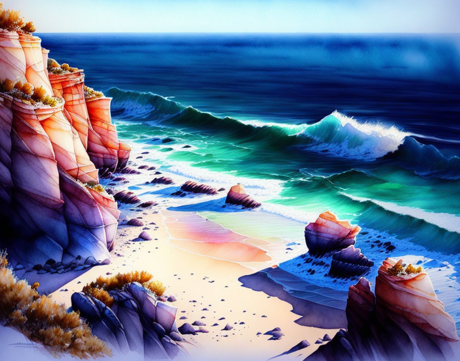 Seaside cliffs watercolor painting with azure waves and sunlit rocks