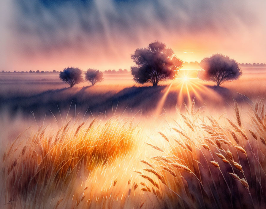 Serene sunrise scene with sunbeams through trees and wheat field.