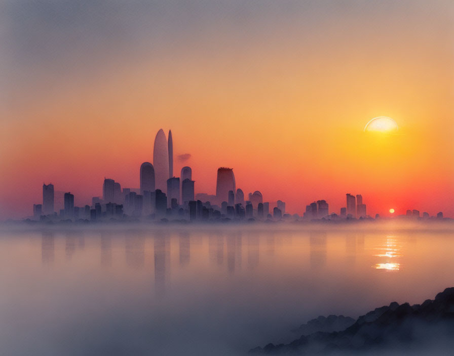 Sunrise skyline: misty cityscape with sunlit skyscrapers and water reflections