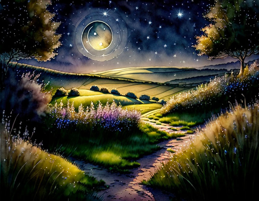 Whimsical night scene with crescent moon, stars, rolling hills, path, flowers