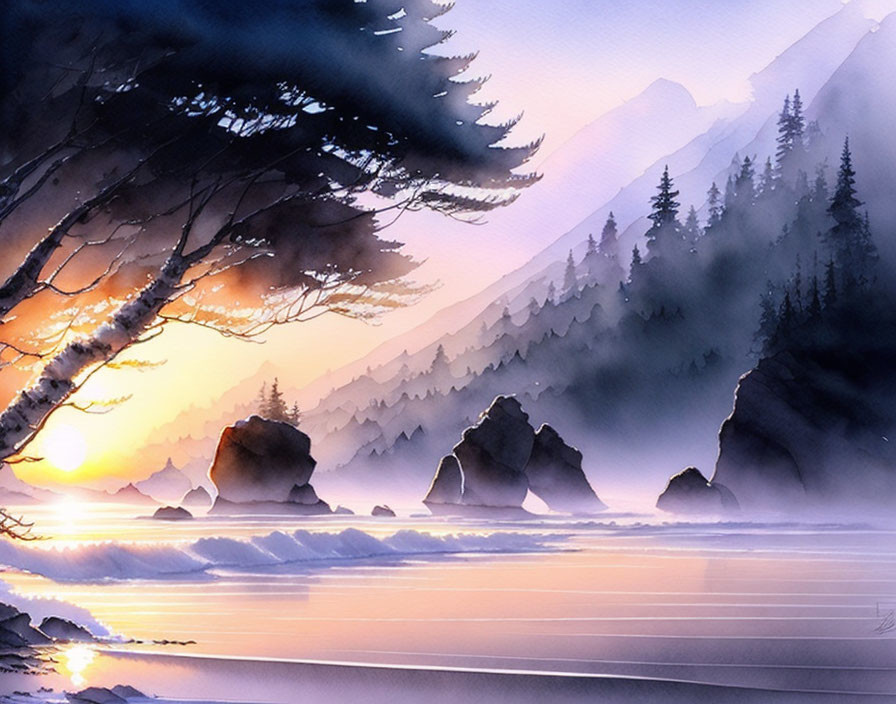 Tranquil watercolor landscape: sunset over lake, silhouetted trees, misty mountains