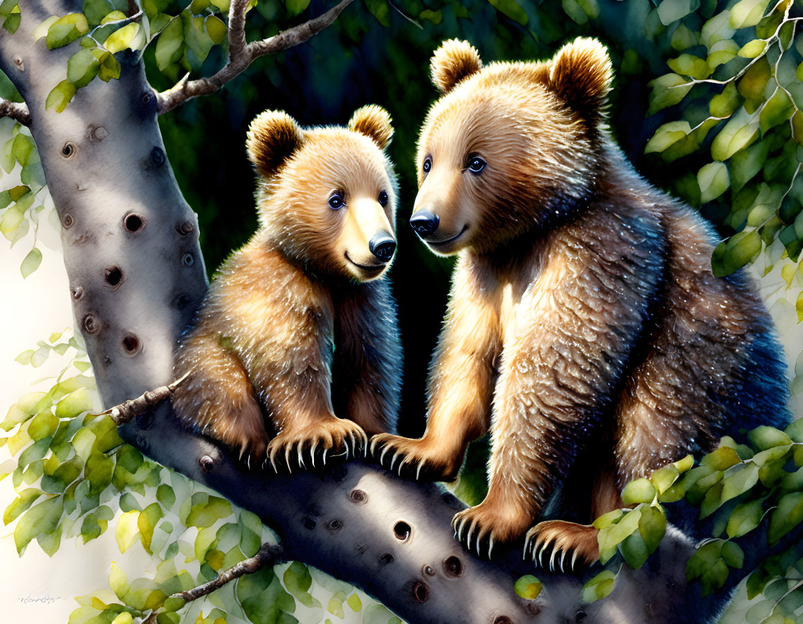 Bear cubs on branch in sunlight among leaves