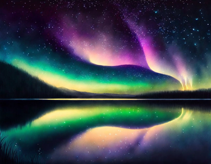 Vibrant purple and green aurora borealis over mirror-like lake at night