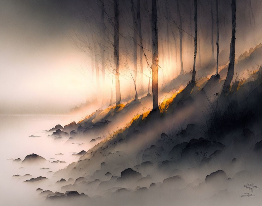 Misty dawn landscape with slender tree silhouettes and warm sunlight glow