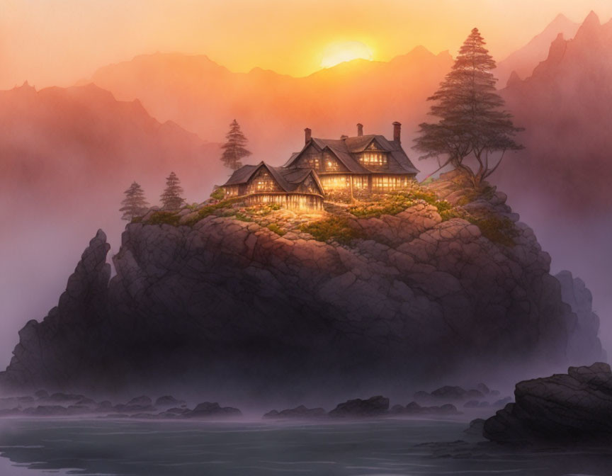 Illuminated cottage on rocky cliff at sunset surrounded by mist