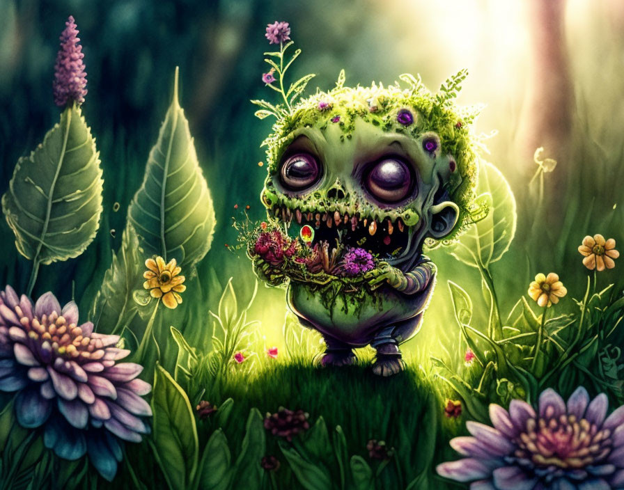 Illustrated zombie-like character in floral setting holding bouquet