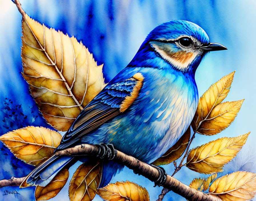 Detailed illustration of blue bird on branch with golden leaves - vivid and realistic!