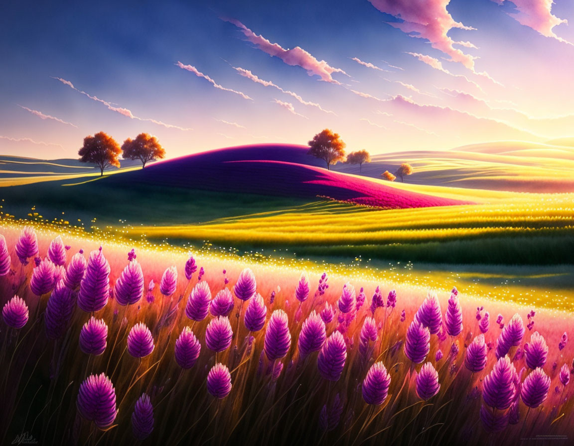 Scenic landscape with purple hills, pink flowers, and colorful sky