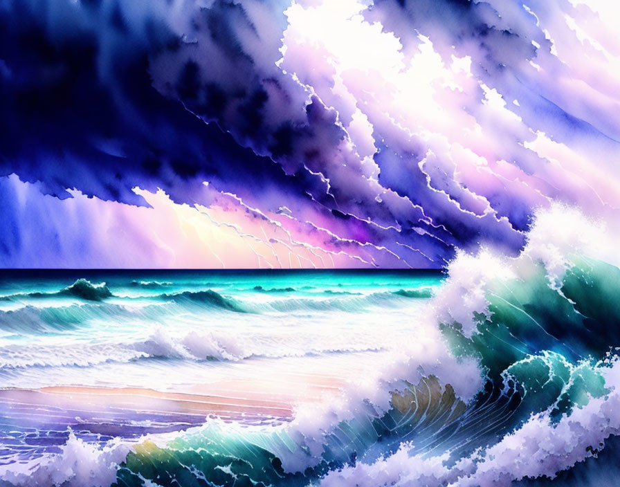 Stormy Sea Watercolor: Dynamic Waves, Purple-Pink Sky