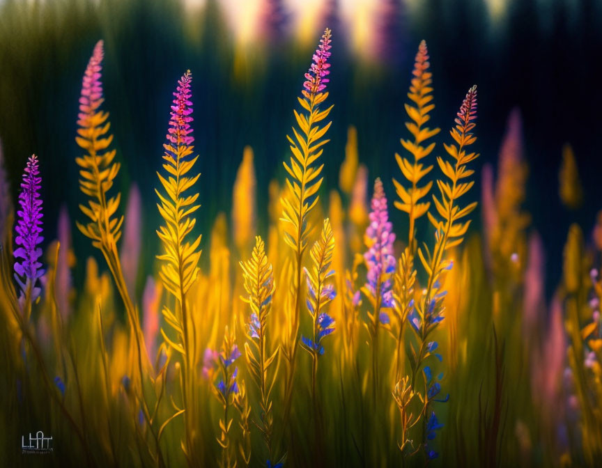 Bright purple and golden flowers in sunlight with greenery and trees.