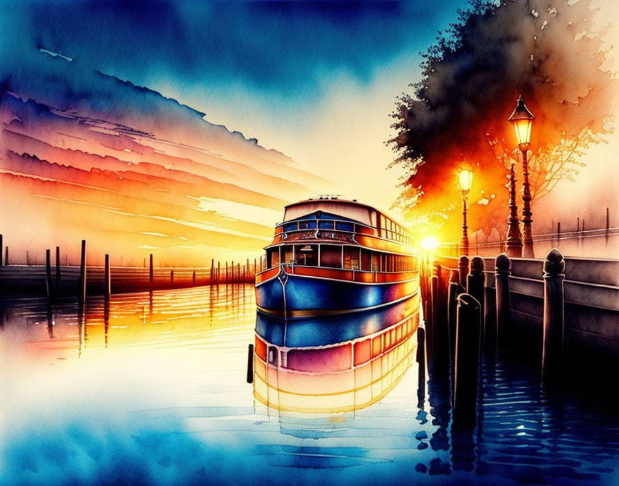 Boat docked at pier: vibrant watercolor sunset scene