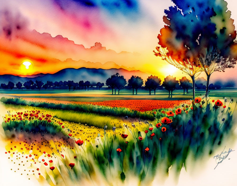 Scenic watercolor landscape: sunrise, poppy field, trees, mountains, colorful sky