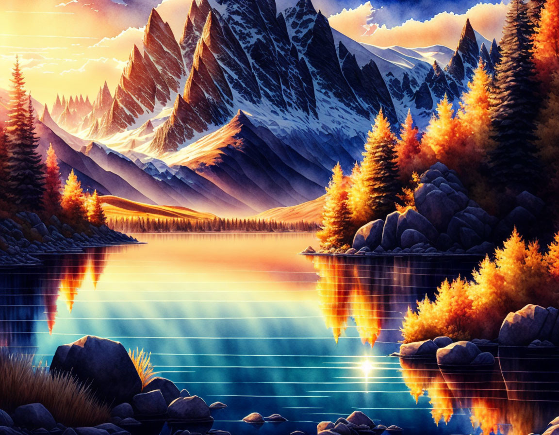 Tranquil autumn lake with fall foliage and snowy mountains